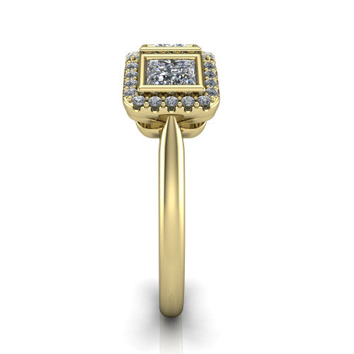Lorelei princess three stone halo engagement ring in 18K Yellow Gold, side profile showing the plain polished band and the three-stone halo in profile