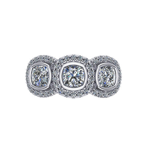 Lorelei cushion three stone halo engagement ring in Platinum, top-down view showing the connected trio of haloed cushion stones set side by side