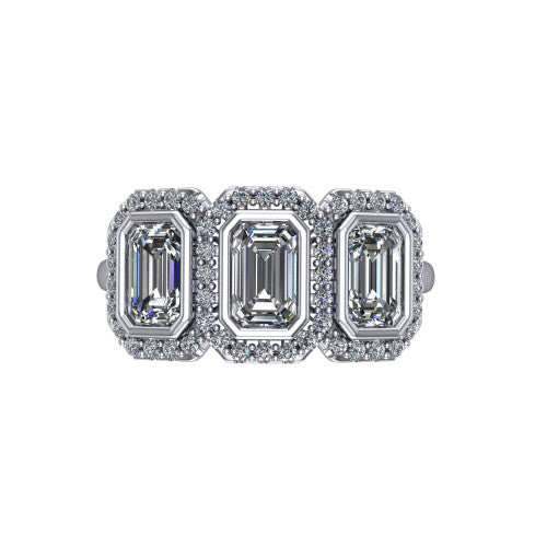 Lorelei emerald three stone halo engagement ring in 14K White Gold, top-down view showing the connected trio of haloed emerald stones set side by side