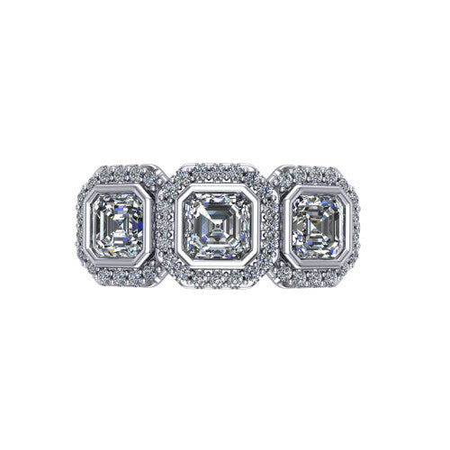 Lorelei square emerald three stone halo engagement ring in 18K White Gold, top-down view showing the connected trio of haloed square emerald stones set side by side