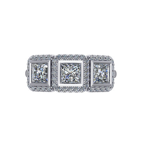 Lorelei princess three stone halo engagement ring in 18K White Gold, top-down view showing the connected trio of haloed princess stones set side by side