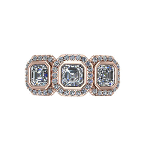 Lorelei square emerald three stone halo engagement ring in 18K Rose Gold, top-down view showing the connected trio of haloed square emerald stones set side by side