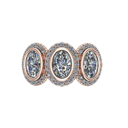 Lorelei oval three stone halo engagement ring in 14K Rose Gold, top-down view showing the connected trio of haloed oval stones set side by side