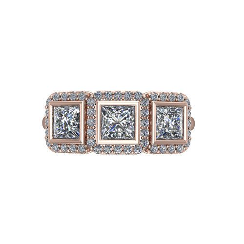 Lorelei princess three stone halo engagement ring in 18K Rose Gold, top-down view showing the connected trio of haloed princess stones set side by side