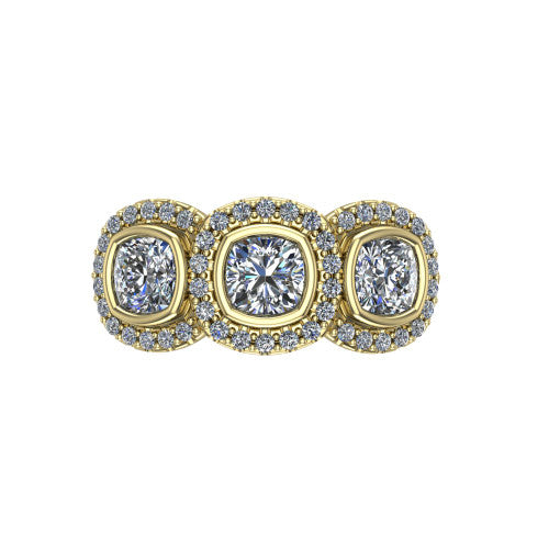 Lorelei cushion three stone halo engagement ring in 18K Yellow Gold, top-down view showing the connected trio of haloed cushion stones set side by side