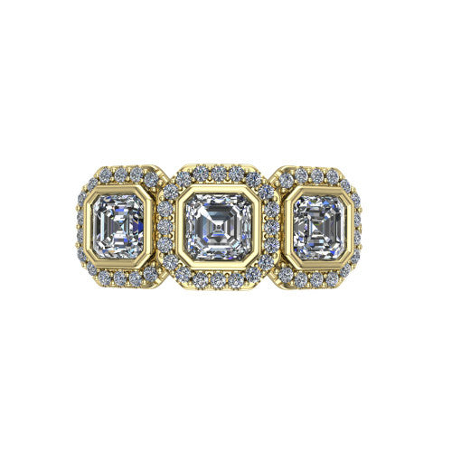 Lorelei square emerald three stone halo engagement ring in 18K Yellow Gold, top-down view showing the connected trio of haloed square emerald stones set side by side