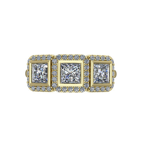 Lorelei princess three stone halo engagement ring in 18K Yellow Gold, top-down view showing the connected trio of haloed princess stones set side by side