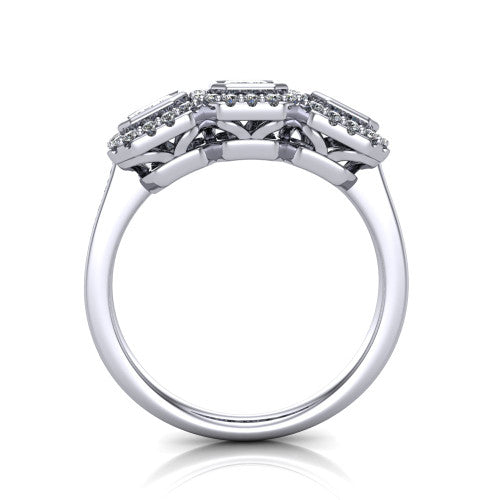 Lorelei emerald three stone halo engagement ring in 14K White Gold, through-finger front profile showing the three-stone halo head above the open under-gallery and plain band
