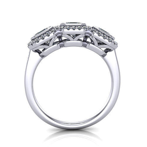 Lorelei square emerald three stone halo engagement ring in 18K White Gold, through-finger front profile showing the three-stone halo head above the open under-gallery and plain band