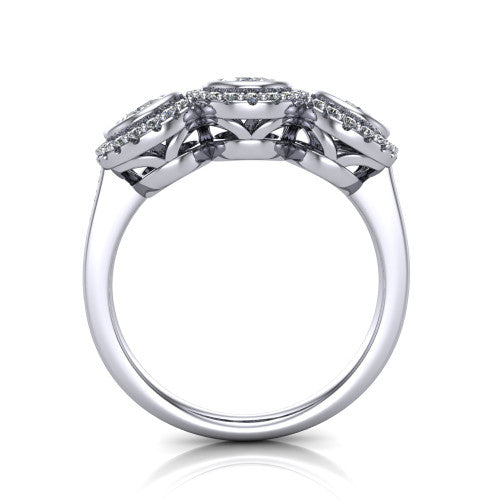 Lorelei oval three stone halo engagement ring in 14K White Gold, through-finger front profile showing the three-stone halo head above the open under-gallery and plain band