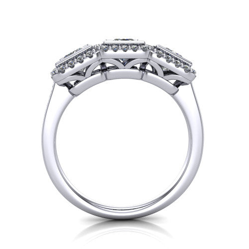 Lorelei princess three stone halo engagement ring in 14K White Gold, through-finger front profile showing the three-stone halo head above the open under-gallery and plain band