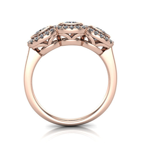 Lorelei cushion three stone halo engagement ring in 18K Rose Gold, through-finger front profile showing the three-stone halo head above the open under-gallery and plain band