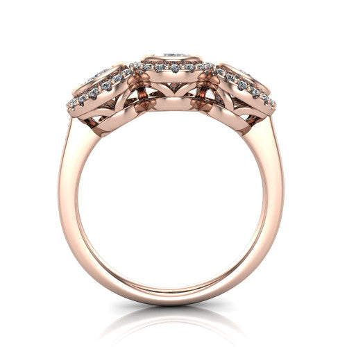 Lorelei oval three stone halo engagement ring in 14K Rose Gold, through-finger front profile showing the three-stone halo head above the open under-gallery and plain band