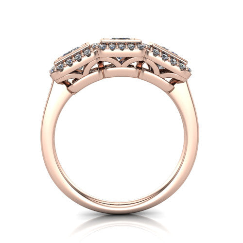 Lorelei princess three stone halo engagement ring in 18K Rose Gold, through-finger front profile showing the three-stone halo head above the open under-gallery and plain band