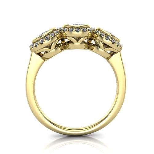 Lorelei oval three stone halo engagement ring in 14K Yellow Gold, through-finger front profile showing the three-stone halo head above the open under-gallery and plain band