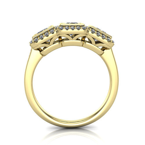 Lorelei princess three stone halo engagement ring in 18K Yellow Gold, through-finger front profile showing the three-stone halo head above the open under-gallery and plain band