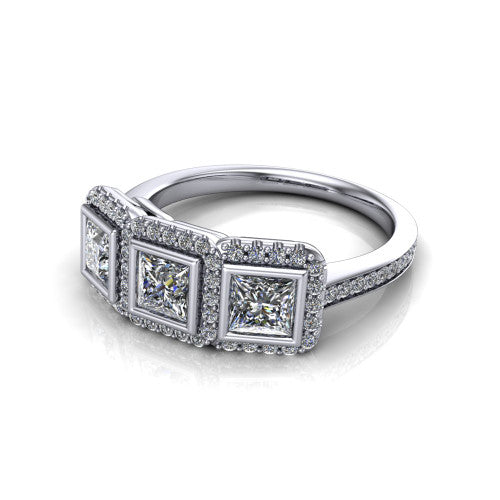 Aviana princess three stone halo engagement ring in 14K White Gold, three-quarter perspective showing three princess stones each in a squared pav&eacute; halo above a pav&eacute; band