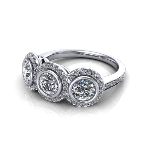 Aviana round three stone halo engagement ring in 14K White Gold, three-quarter perspective showing three round stones each in a squared pav&eacute; halo above a pav&eacute; band