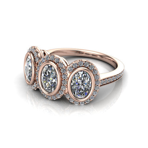 Aviana oval three stone halo engagement ring in 18K Rose Gold, three-quarter perspective showing three oval stones each in a squared pav&eacute; halo above a pav&eacute; band