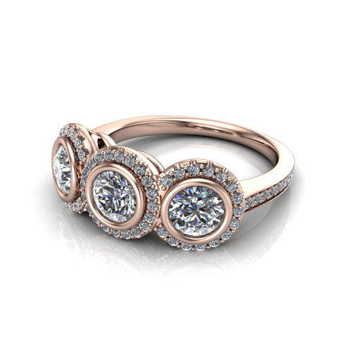 Aviana round three stone halo engagement ring in 14K Rose Gold, three-quarter perspective showing three round stones each in a squared pav&eacute; halo above a pav&eacute; band