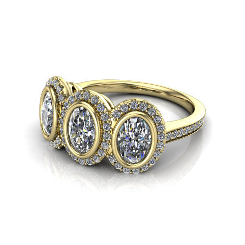 Aviana oval three stone halo engagement ring in 18K Yellow Gold, three-quarter perspective showing three oval stones each in a squared pav&eacute; halo above a pav&eacute; band