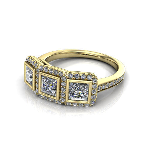 Aviana princess three stone halo engagement ring in 14K Yellow Gold, three-quarter perspective showing three princess stones each in a squared pav&eacute; halo above a pav&eacute; band