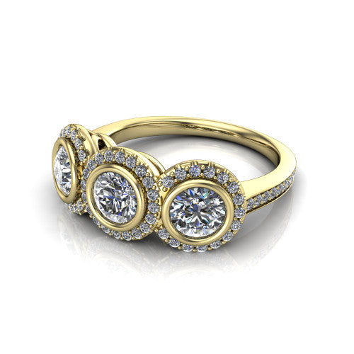 Aviana round three stone halo engagement ring in 14K Yellow Gold, three-quarter perspective showing three round stones each in a squared pav&eacute; halo above a pav&eacute; band