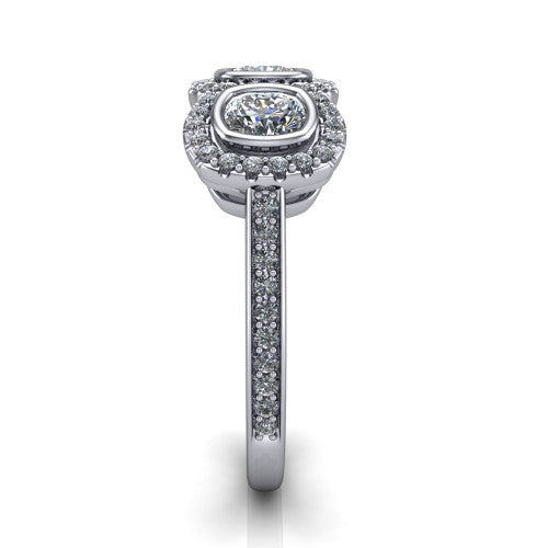 Aviana cushion three stone halo engagement ring in Platinum, side profile showing the pav&eacute; band, filigree scrollwork gallery, and three-stone halo in profile