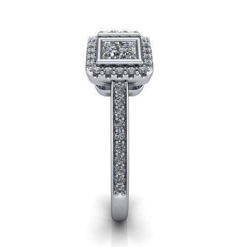 Aviana princess three stone halo engagement ring in Platinum, side profile showing the pav&eacute; band, filigree scrollwork gallery, and three-stone halo in profile