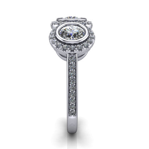 Aviana round three stone halo engagement ring in 14K White Gold, side profile showing the pav&eacute; band, filigree scrollwork gallery, and three-stone halo in profile
