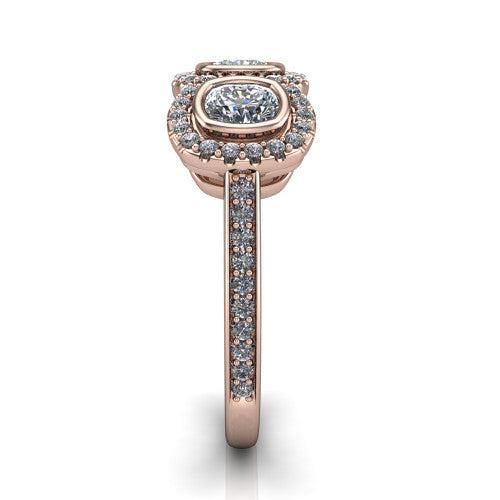 Aviana cushion three stone halo engagement ring in 18K Rose Gold, side profile showing the pav&eacute; band, filigree scrollwork gallery, and three-stone halo in profile