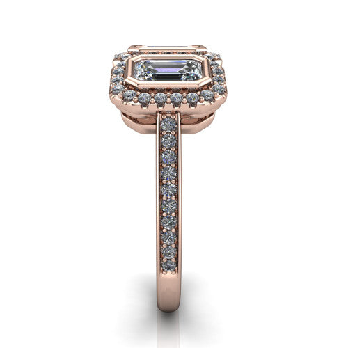 Aviana emerald three stone halo engagement ring in 18K Rose Gold, side profile showing the pav&eacute; band, filigree scrollwork gallery, and three-stone halo in profile