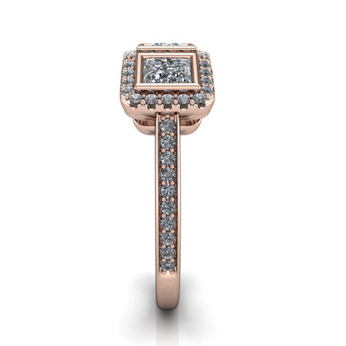 Aviana princess three stone halo engagement ring in 14K Rose Gold, side profile showing the pav&eacute; band, filigree scrollwork gallery, and three-stone halo in profile