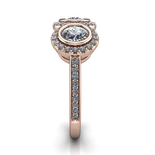 Aviana round three stone halo engagement ring in 14K Rose Gold, side profile showing the pav&eacute; band, filigree scrollwork gallery, and three-stone halo in profile