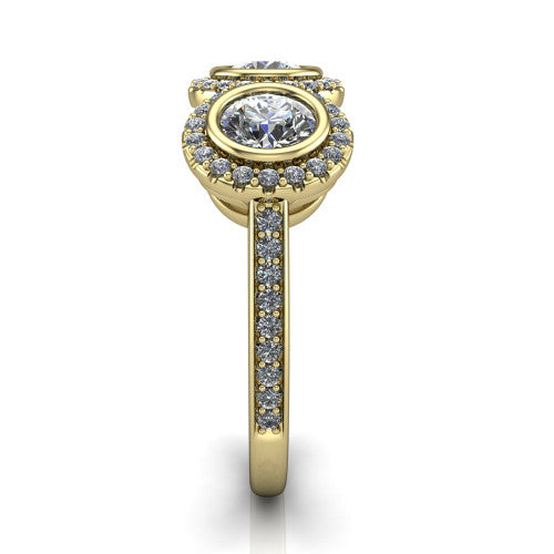 Aviana round three stone halo engagement ring in 14K Yellow Gold, side profile showing the pav&eacute; band, filigree scrollwork gallery, and three-stone halo in profile