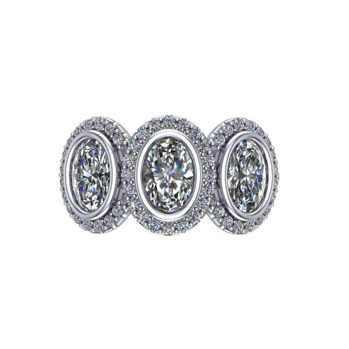 Aviana oval three stone halo engagement ring in 18K White Gold, top-down view showing the three haloed oval stones set side by side