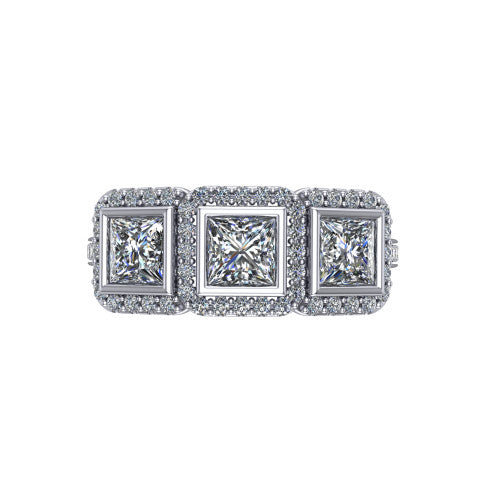 Aviana princess three stone halo engagement ring in Platinum, top-down view showing the three haloed princess stones set side by side