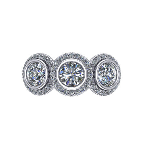 Aviana round three stone halo engagement ring in 14K White Gold, top-down view showing the three haloed round stones set side by side