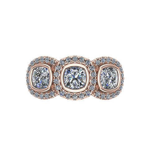 Aviana cushion three stone halo engagement ring in 14K Rose Gold, top-down view showing the three haloed cushion stones set side by side
