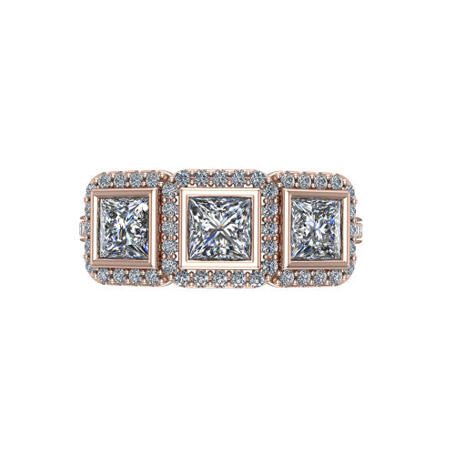 Aviana princess three stone halo engagement ring in 14K Rose Gold, top-down view showing the three haloed princess stones set side by side