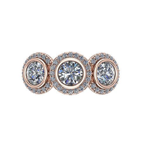 Aviana round three stone halo engagement ring in 14K Rose Gold, top-down view showing the three haloed round stones set side by side