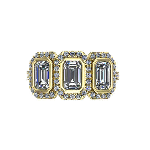 Aviana emerald three stone halo engagement ring in 18K Yellow Gold, top-down view showing the three haloed emerald stones set side by side