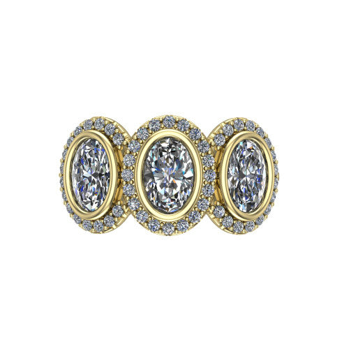 Aviana oval three stone halo engagement ring in 14K Yellow Gold, top-down view showing the three haloed oval stones set side by side