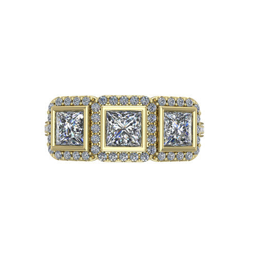 Aviana princess three stone halo engagement ring in 14K Yellow Gold, top-down view showing the three haloed princess stones set side by side