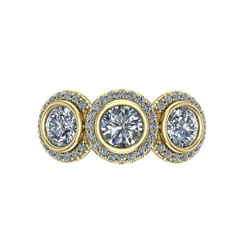 Aviana round three stone halo engagement ring in 14K Yellow Gold, top-down view showing the three haloed round stones set side by side