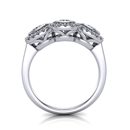Aviana cushion three stone halo engagement ring in 14K White Gold, through-finger front profile showing the three-stone halo head and filigree gallery above the pav&eacute; band