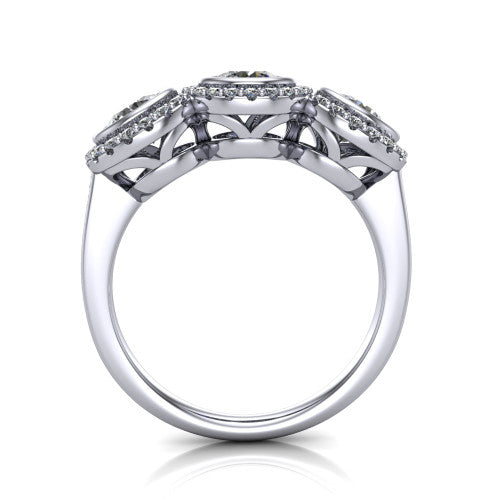 Aviana round three stone halo engagement ring in 14K White Gold, through-finger front profile showing the three-stone halo head and filigree gallery above the pav&eacute; band