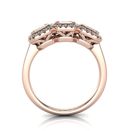 Aviana emerald three stone halo engagement ring in 14K Rose Gold, through-finger front profile showing the three-stone halo head and filigree gallery above the pav&eacute; band