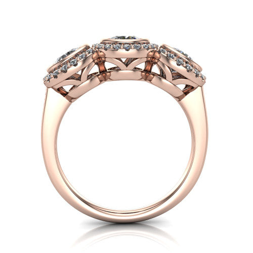 Aviana round three stone halo engagement ring in 14K Rose Gold, through-finger front profile showing the three-stone halo head and filigree gallery above the pav&eacute; band