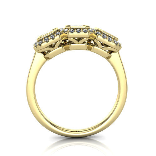 Aviana emerald three stone halo engagement ring in 14K Yellow Gold, through-finger front profile showing the three-stone halo head and filigree gallery above the pav&eacute; band